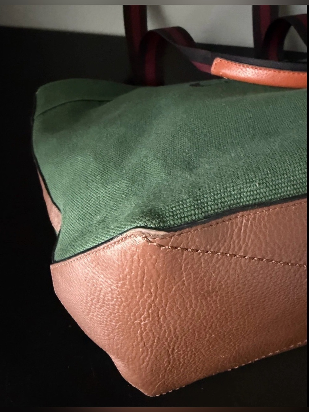 COACH Tote Bag 38 in Colorblock Forest Green Canvas/ Brown Leather/ Navy Stripes - Picture 16 of 16